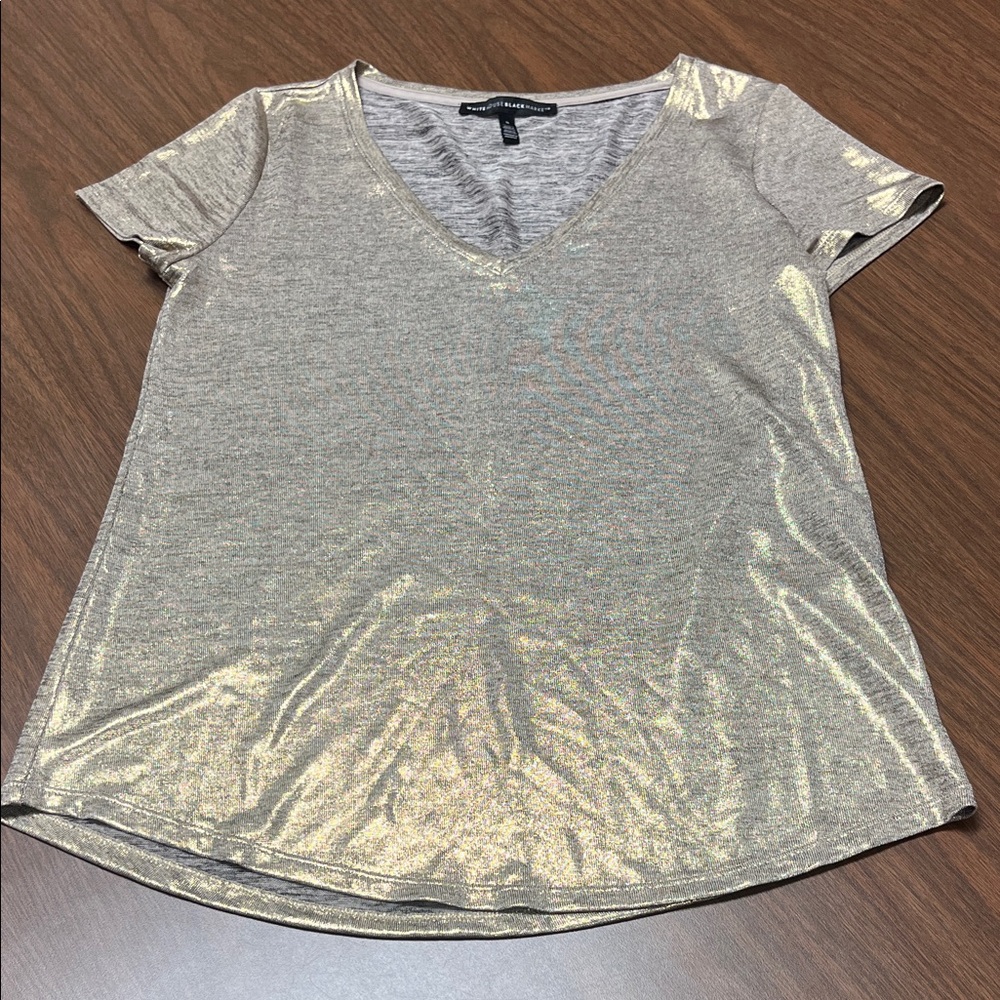 White House Black Market Metallic Gold V-Neck Women's Top, size small